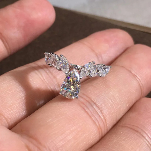 ▶Marquis Angle Wings Wedding Anillos Water Drop Pure CZ Pear Ring, L183 - Picture 5 of 6